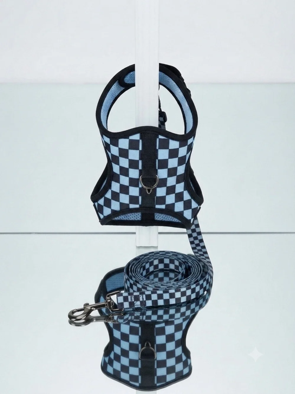 Checkerboard Dog/Cat Harness - Blue & White with matching Leash